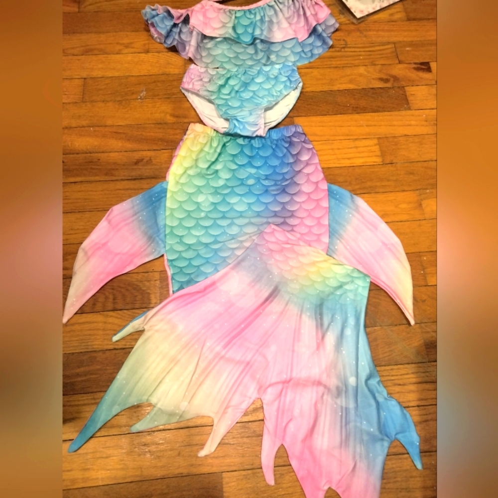 Mermaid Swimsuit Costume with Rainbow Scales - vibrant colors- Girls sz 5